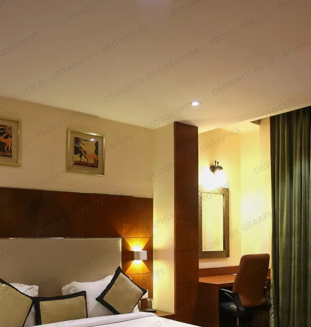 Deluxe room with wood-panelled headboard and work desk
